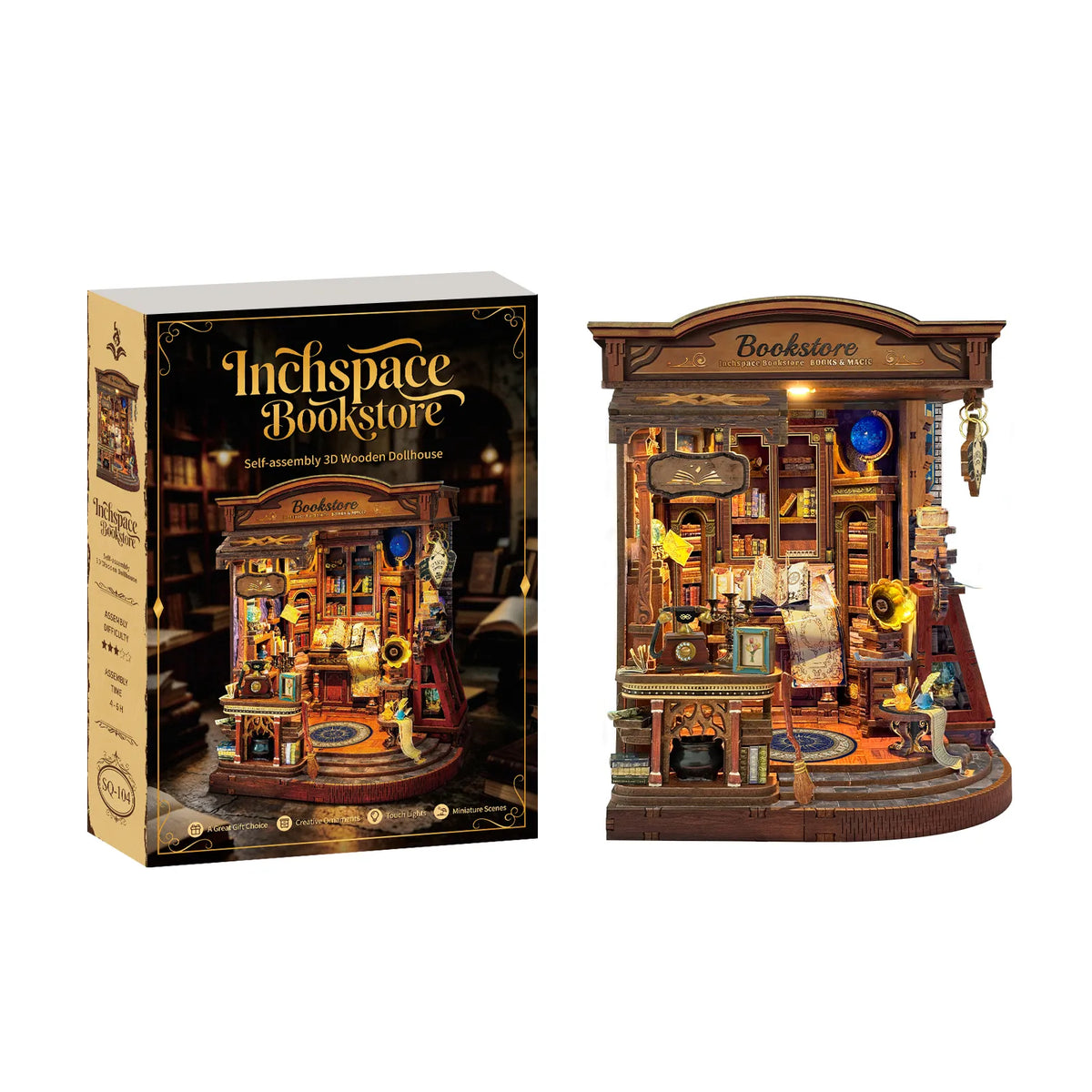 Inchspace Bookstore miniature room beside its illustrated kit box.