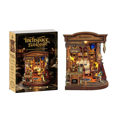 Inchspace Bookstore miniature room beside its illustrated kit box.