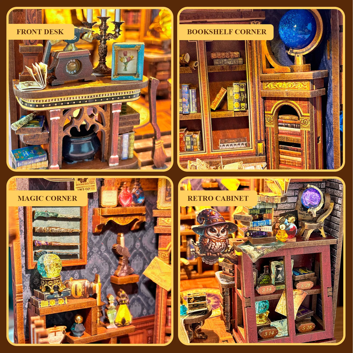 Inchspace Bookstore details showing the front desk, bookshelves, magical corner and antique-style cabinet.