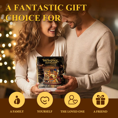 Two adults holding an Inchspace Bookstore kit box beside a Christmas tree.