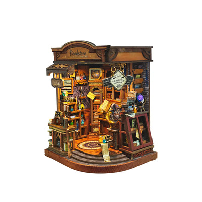 Angled Inchspace Bookstore showing the layered shelves and miniature reading desk.
