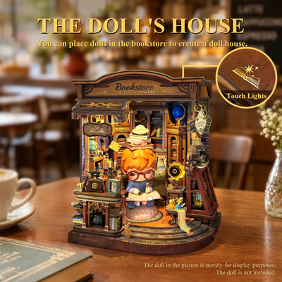 Inchspace Bookstore shown with a decorative doll placed inside and a touch-lighting inset.
