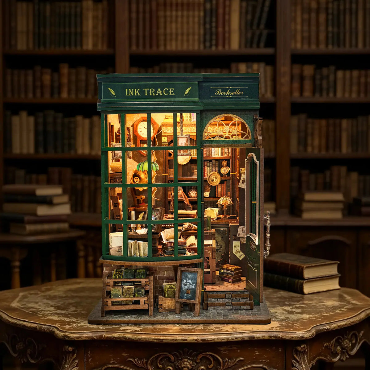 Ink Trace Bookstore green storefront book nook with warm-lit shelves and books displayed outside.