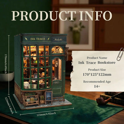 Ink Trace Bookstore specification card with finished dimensions.