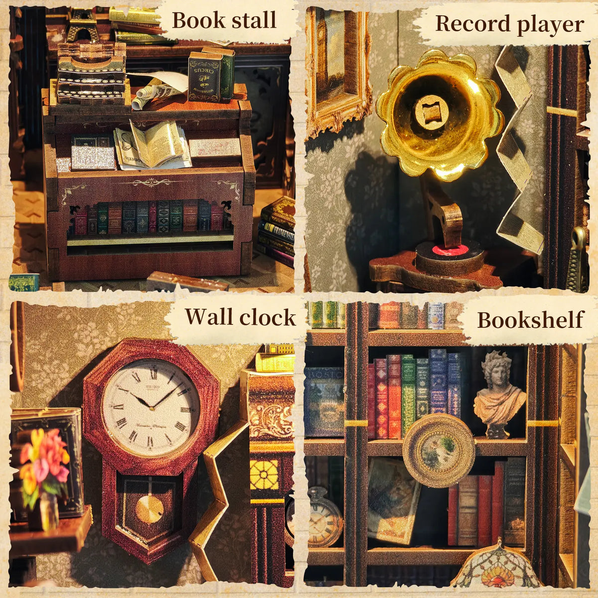Ink Trace Bookstore details showing a book stall, gramophone, wall clock and bookshelves.