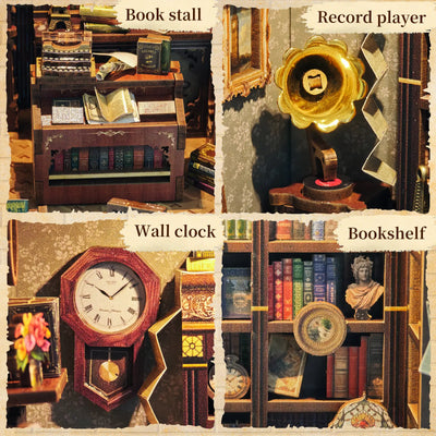 Ink Trace Bookstore details showing a book stall, gramophone, wall clock and bookshelves.
