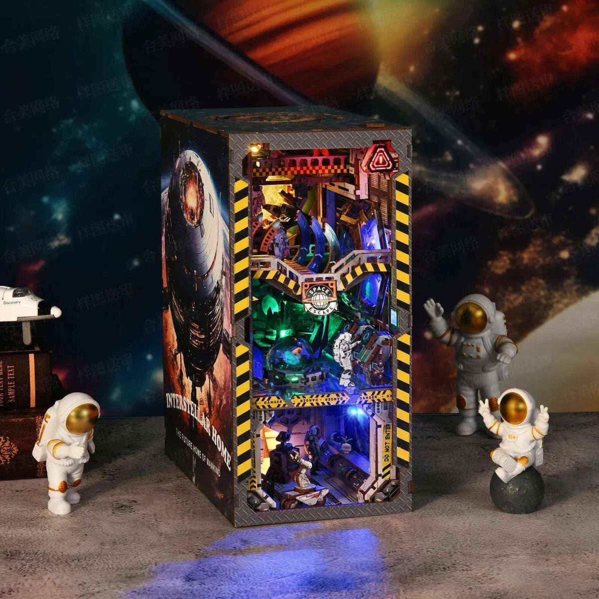Interstellar Home book nook against a space backdrop, with green and blue lights and astronaut figurines nearby.