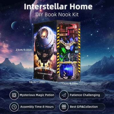 Interstellar Home book nook dimension diagram against a starry mountain backdrop.