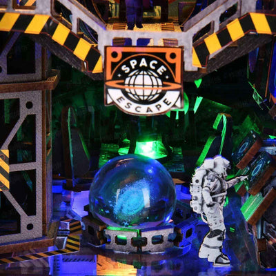 Close-up of the Space Escape sign, glowing globe and astronaut inside Interstellar Home.