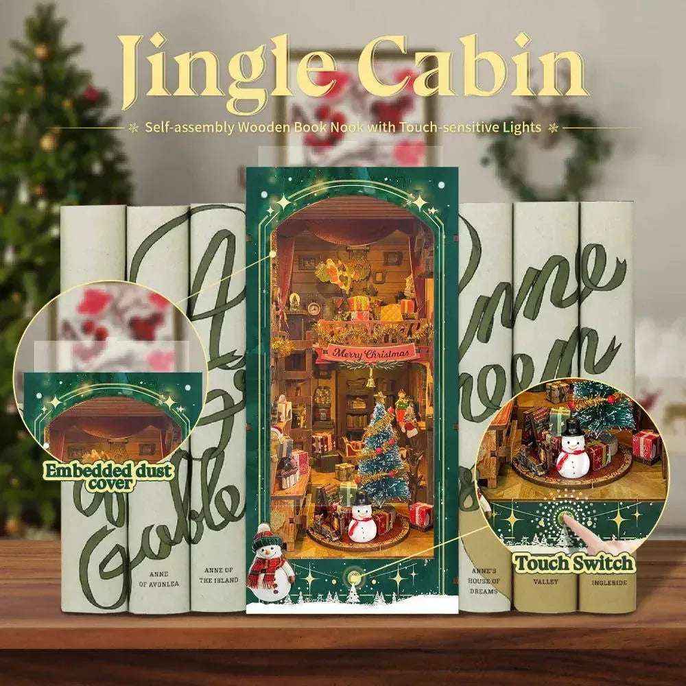 Jingle Cabin Christmas book nook between books, with clear-cover and touch-lighting callouts.