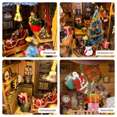 Jingle Cabin detail collage showing a window, Christmas tree, wrapped gifts and Santa.