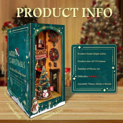 Jingle Cabin book nook dimension diagram with an angled view of the Merry Christmas side panel.