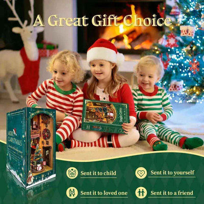Three children with a Jingle Cabin kit box beside Christmas gifts.