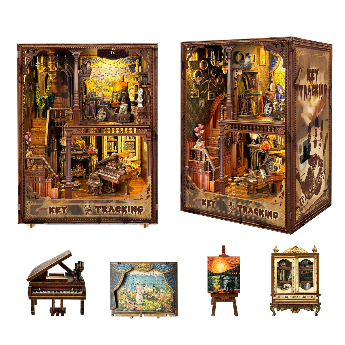 Key Tracking shown from two angles, with a miniature piano, painting and cabinet below.