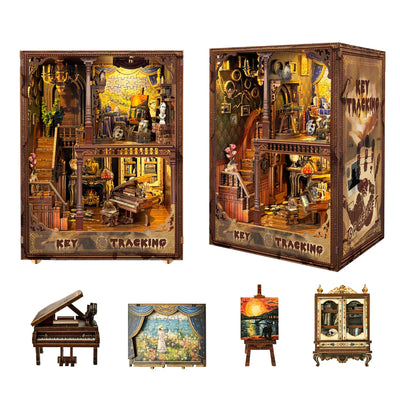 Key Tracking shown from two angles, with a miniature piano, painting and cabinet below.