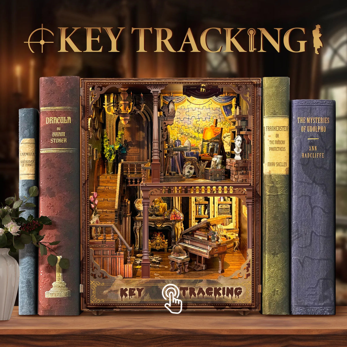 Key Tracking book nook between books, showing a miniature music room and upper staircase.