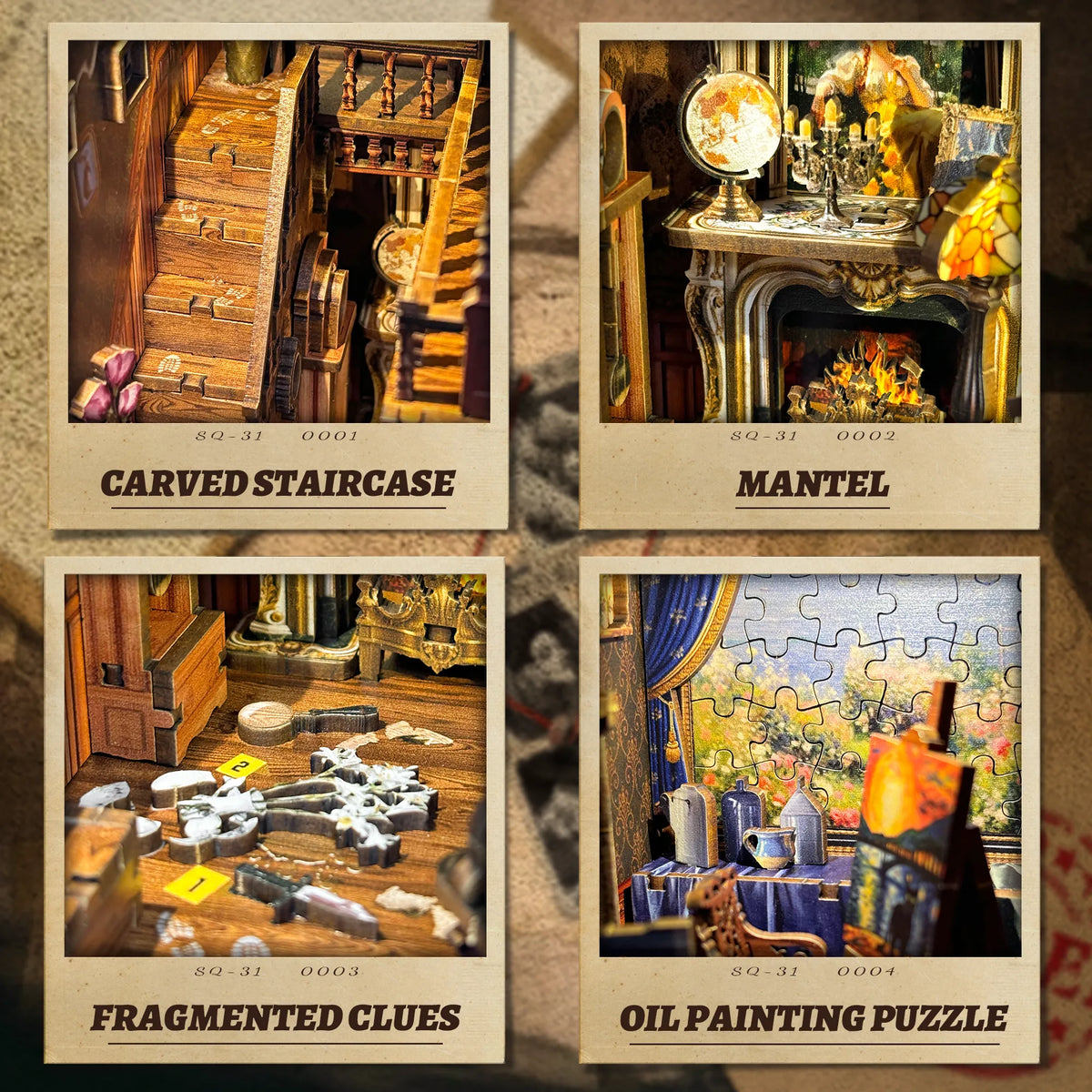 Key Tracking details showing a carved staircase, mantel, scattered clues and picture puzzle.