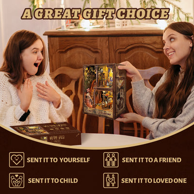 Two women opening a gift box containing the Key Tracking book nook.