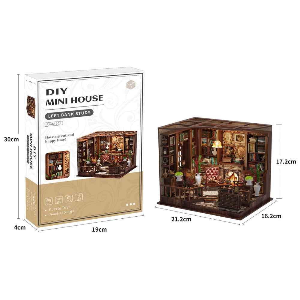 Left Bank Study model and kit-box dimension diagrams.