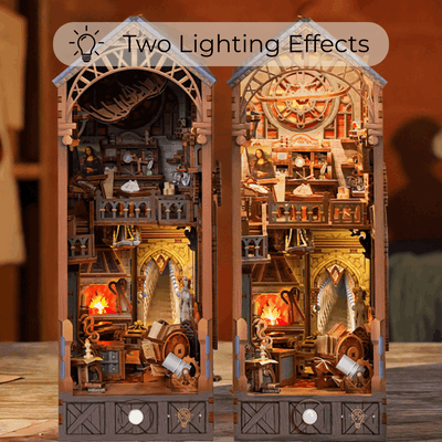 Leonardo da Vinci book nook shown with two lighting effects side by side.