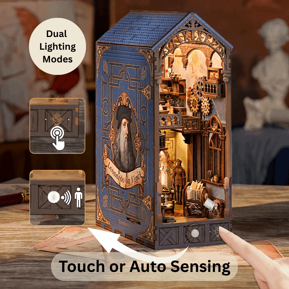 Leonardo da Vinci book nook with touch and automatic-sensing control illustrations.