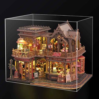 Letter Coffee miniature café inside a clear display case.