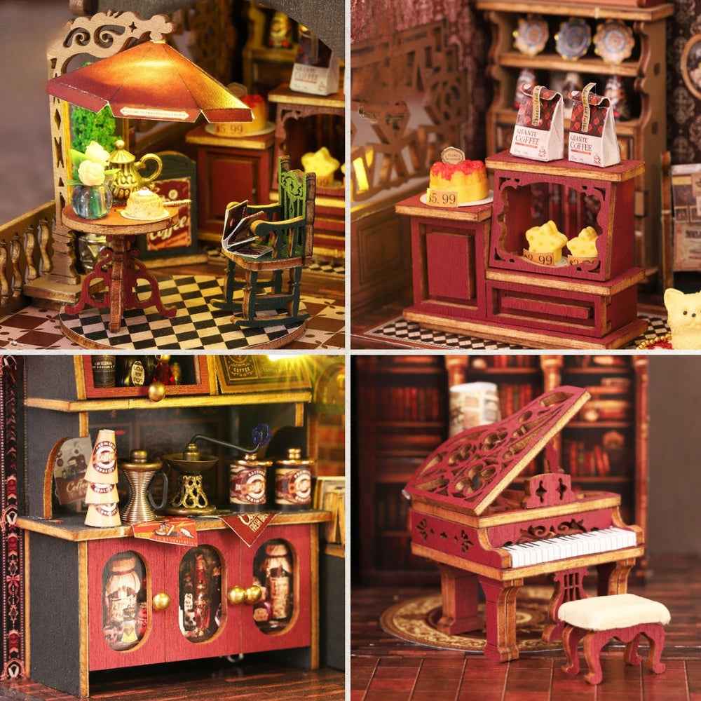 Letter Coffee details showing a gramophone, dessert cabinet, coffee counter and miniature piano.