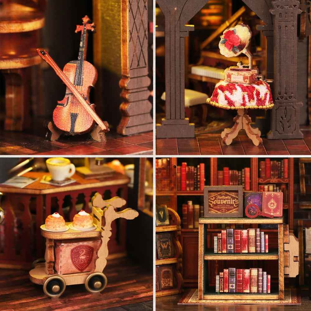Letter Coffee details showing a violin, dessert cart, cakes and bookshelves.