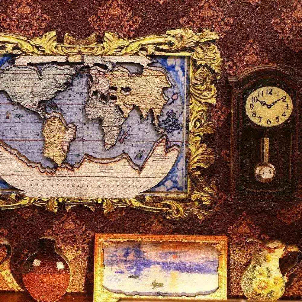 Framed world map, clock and miniature pictures on the Library of Books interior wall.