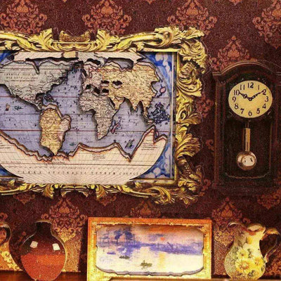 Framed world map, clock and miniature pictures on the Library of Books interior wall.