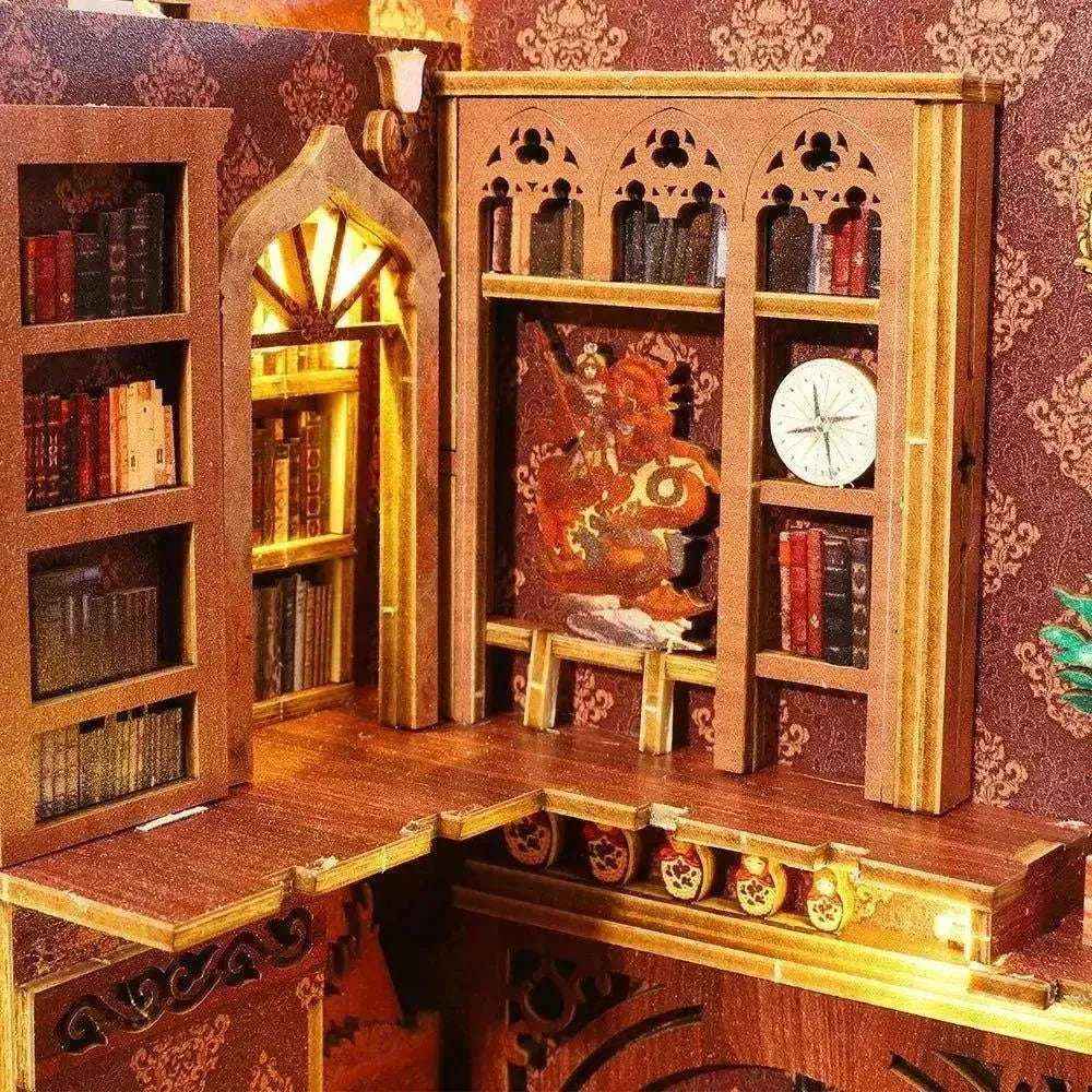 Upper library balcony with an arched doorway, chair and bookshelves in Library of Books.