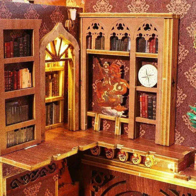 Upper library balcony with an arched doorway, chair and bookshelves in Library of Books.