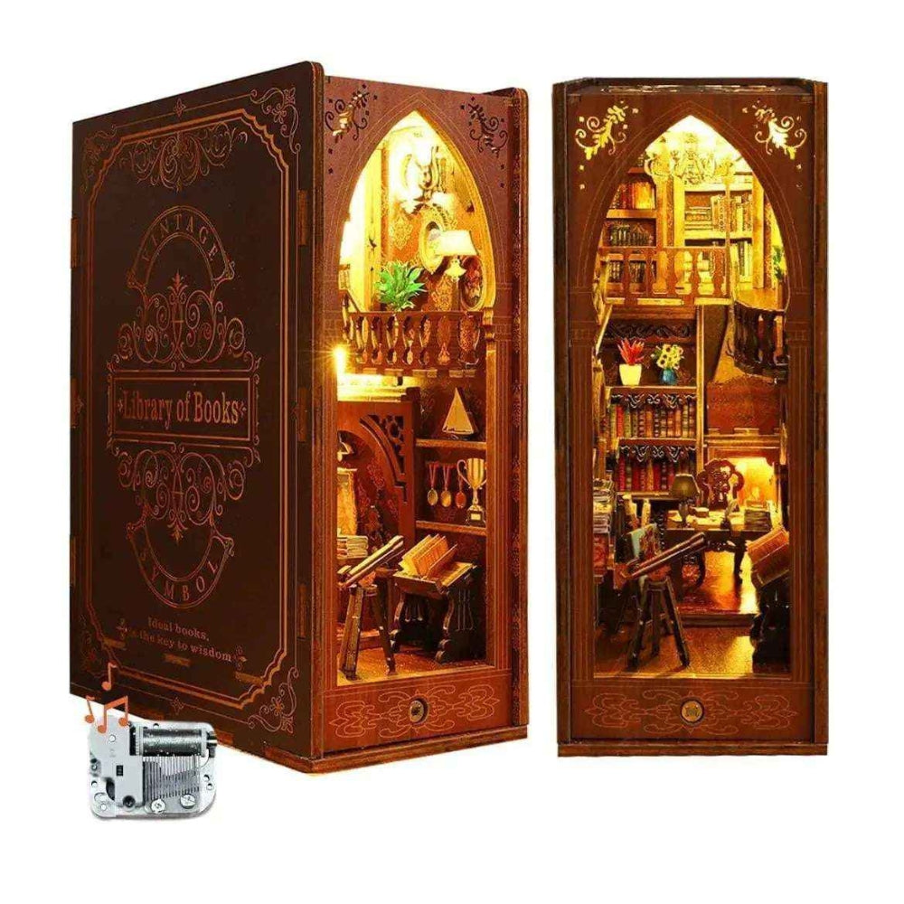 Library of Books music box edition shown from two angles, with the music mechanism pictured below.