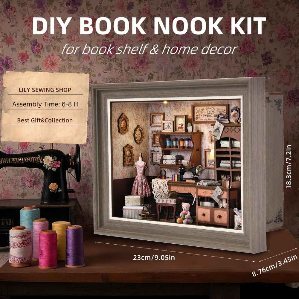 Lily Sewing Shop miniature frame dimension diagram beside sewing supplies.