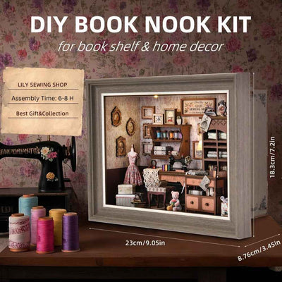 Lily Sewing Shop miniature frame dimension diagram beside sewing supplies.