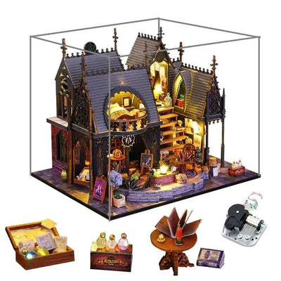 Luna Magic House inside a clear case with miniature furnishings and a music mechanism pictured below.