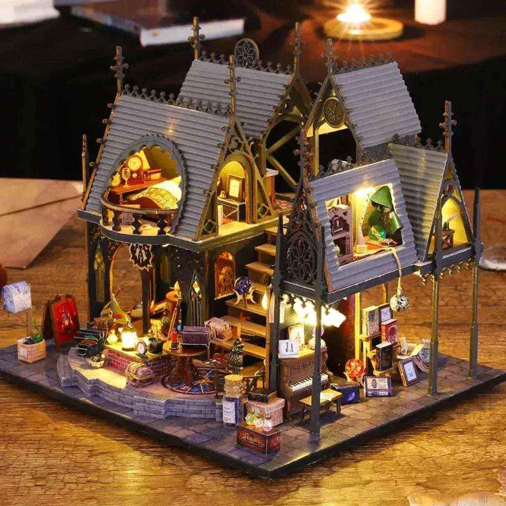 Angled view of Luna Magic House showing its open rooms and illuminated staircase.