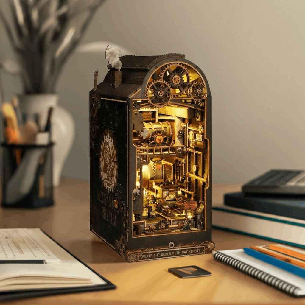 Angled Machinery Dreams book nook beside notebooks, showing its rounded top and glowing workshop.