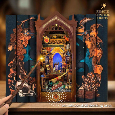 Magic Academy book nook between books, with a wand aimed at the lighting control area.