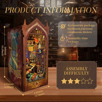 Magic Academy specification diagram with finished dimensions and assembly information.