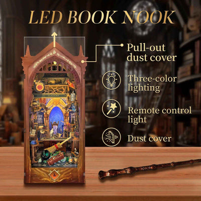 Magic Academy book nook with callouts for its removable cover, lighting colors and wand control.