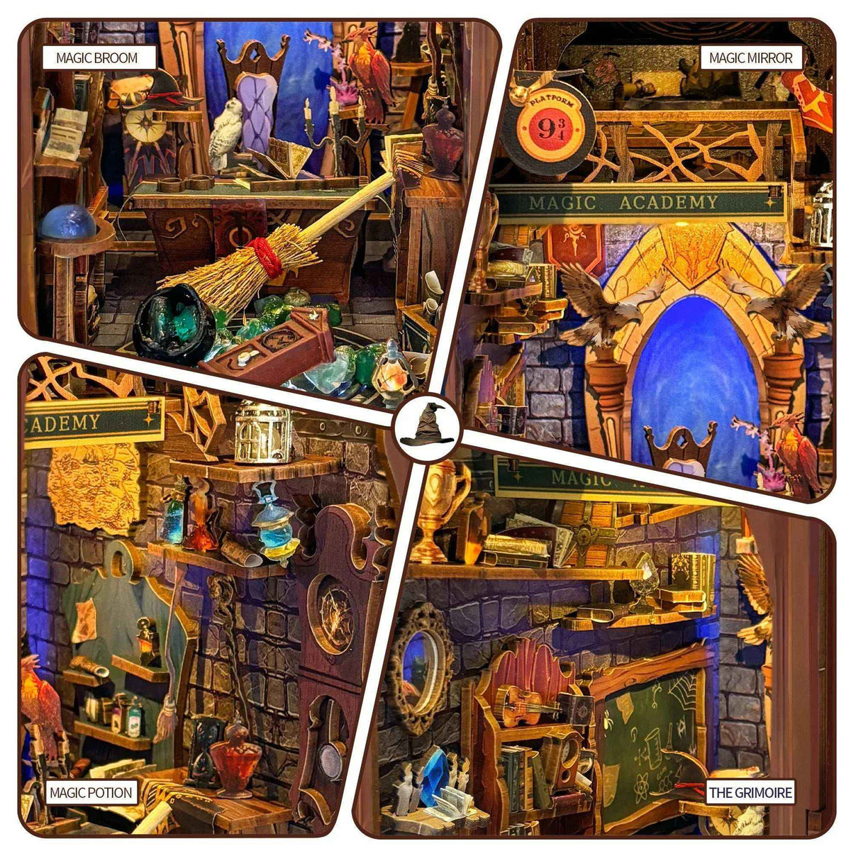 Magic Academy details showing a mirror, magical books, school emblems and a wand.