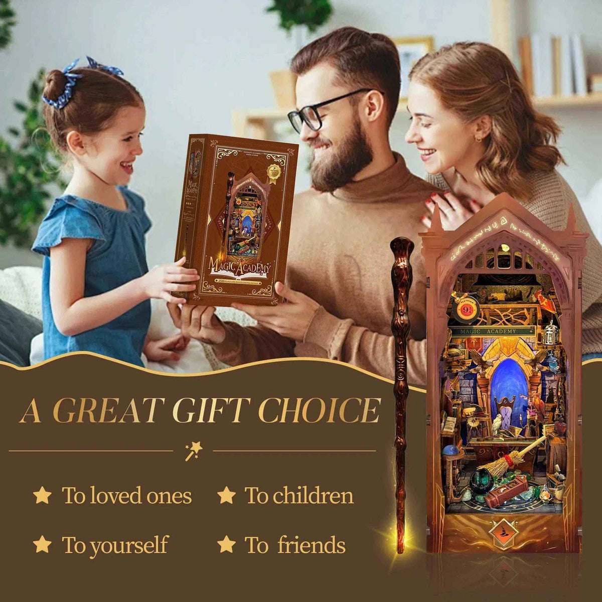 Family holding a Magic Academy kit box beside the assembled book nook.