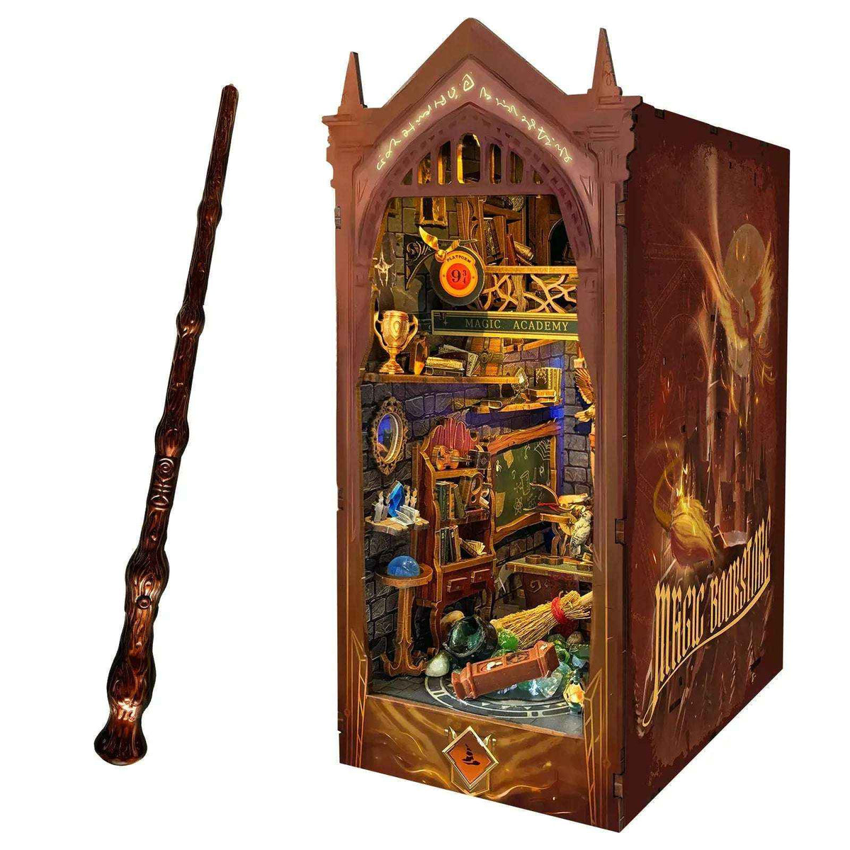 Magic Academy book nook with its pointed arch, blue mirror and separate wand pictured alongside.