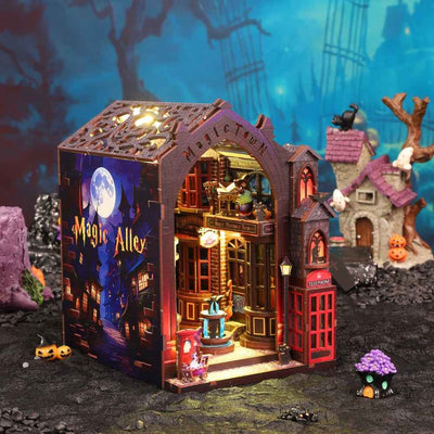 Magic Alley book nook in a fantasy setting with a red telephone box and glowing miniature shops.