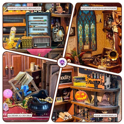 Magic Boutique details showing ornaments, a stained-glass-style window, cauldron and magical merchandise.