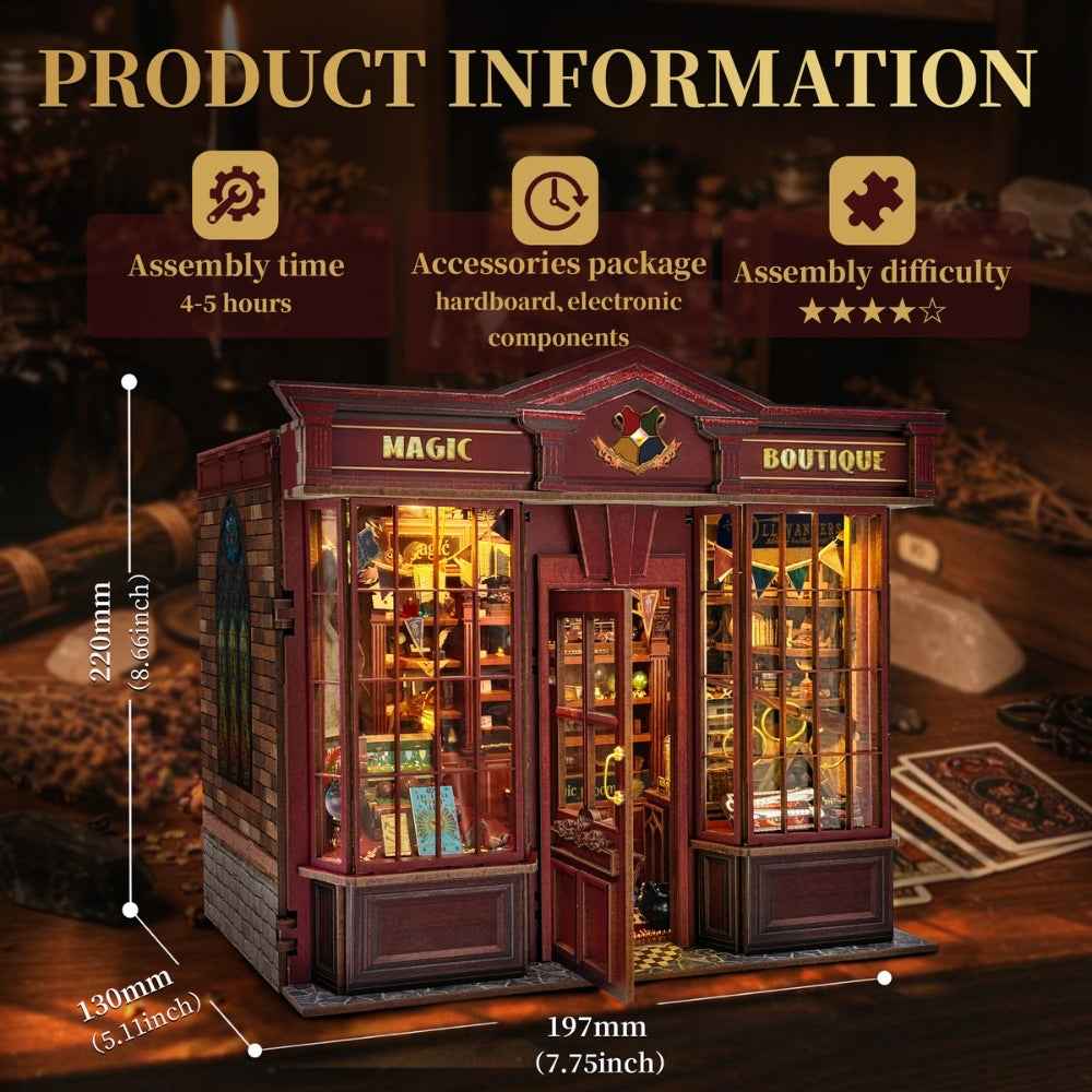 Magic Boutique specification diagram with finished dimensions.