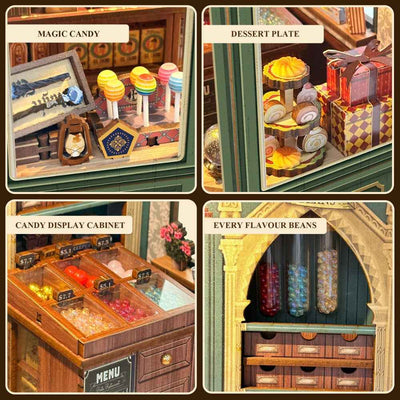 Magic Candy Shop details showing colorful candies, dessert plates and display cabinets.