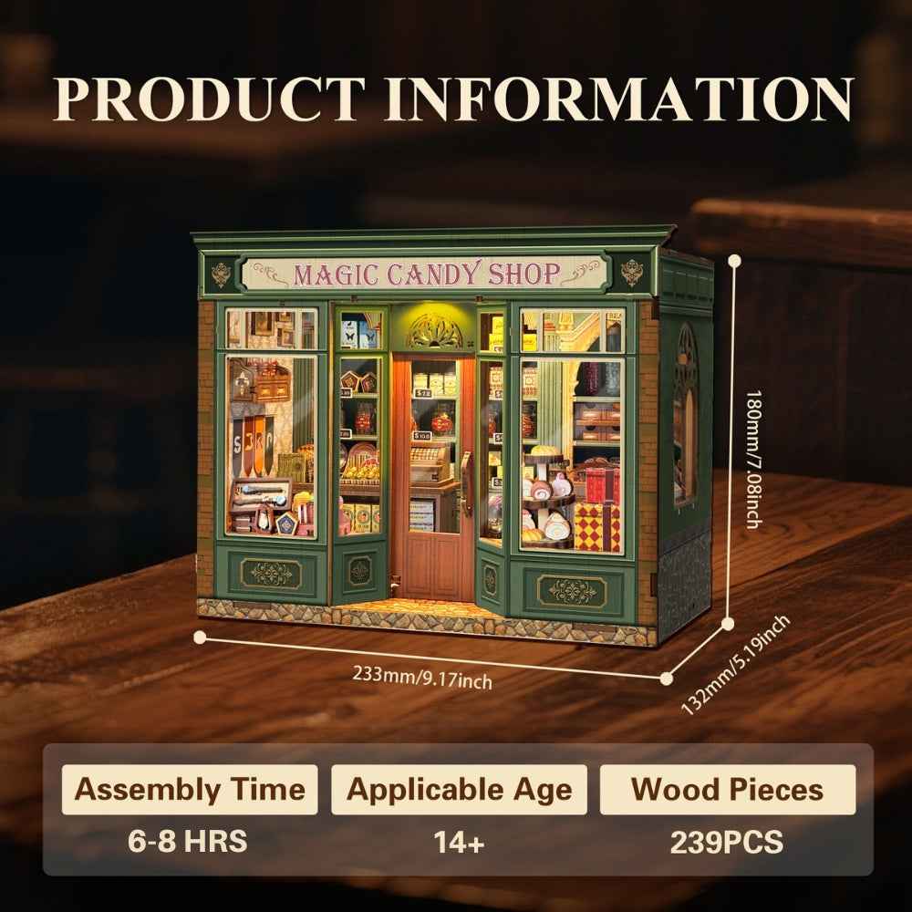 Magic Candy Shop specification card with dimensions and assembly information.