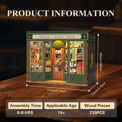 Magic Candy Shop specification card with dimensions and assembly information.